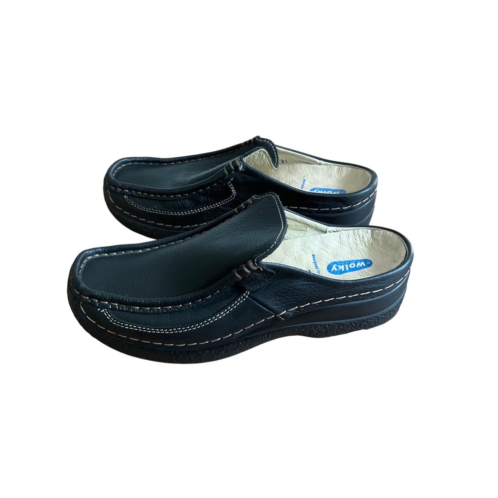 Wolky Roll-Slide Clog Women 38 Black Leather Mules Slip On Comfort Walking Shoes